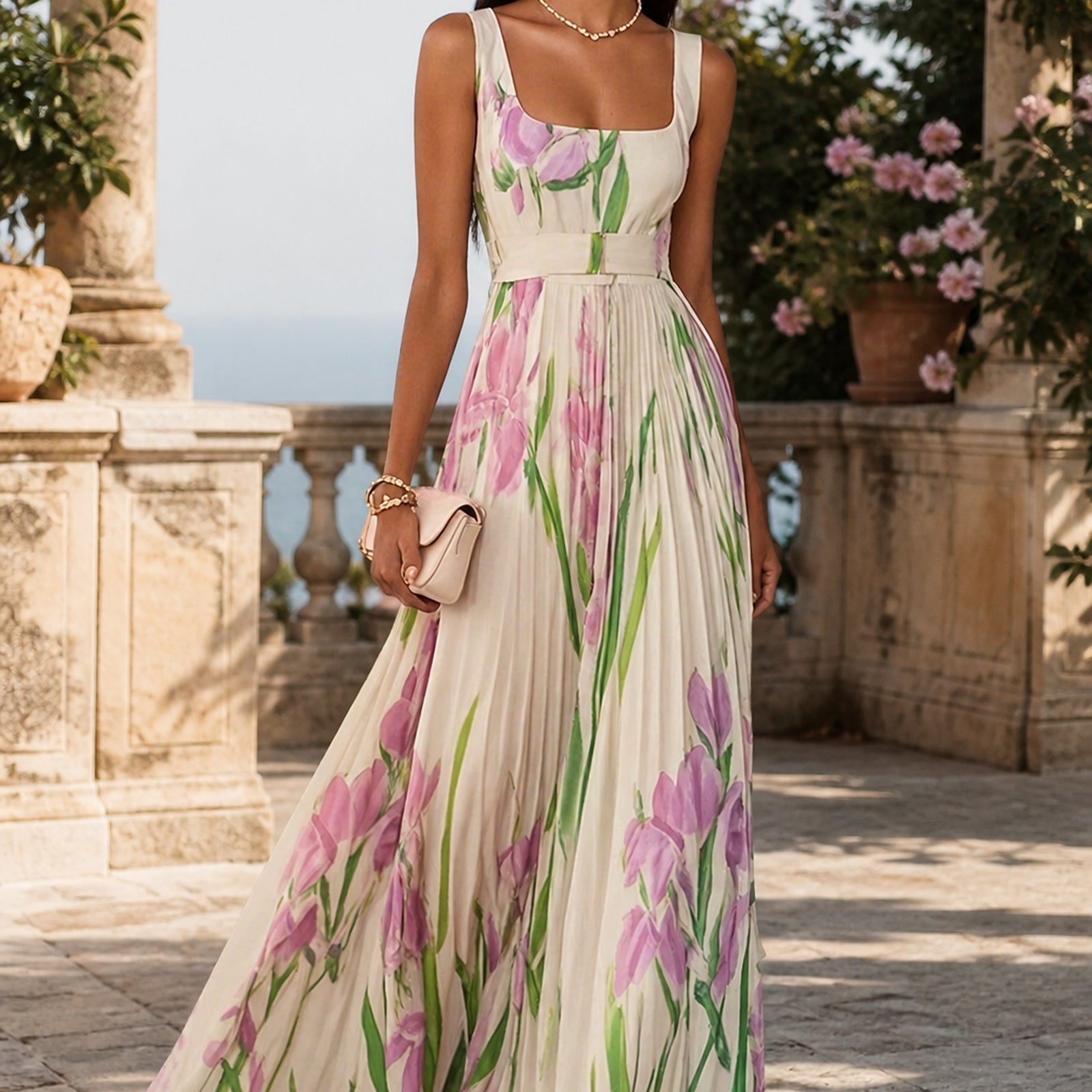Luana - rochie maxi florală bej, vedere laterală în exterior