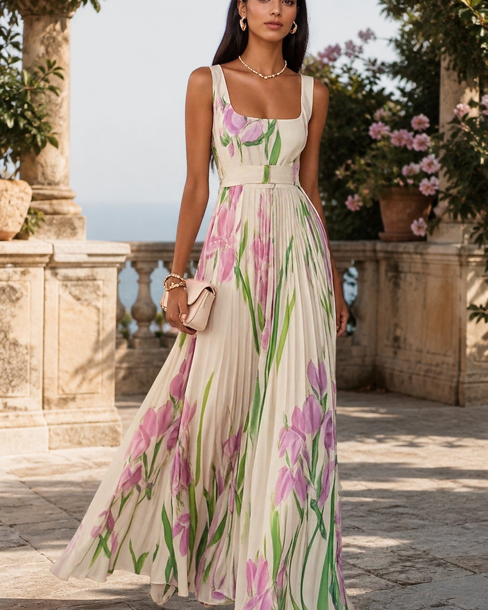 Luana - rochie maxi florală bej, vedere laterală în exterior