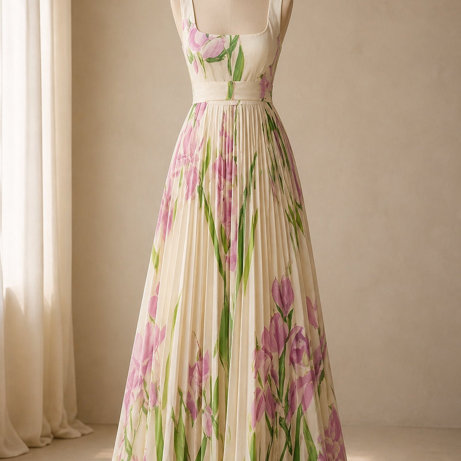 Luana - rochie maxi florală bej prezentată pe manechin