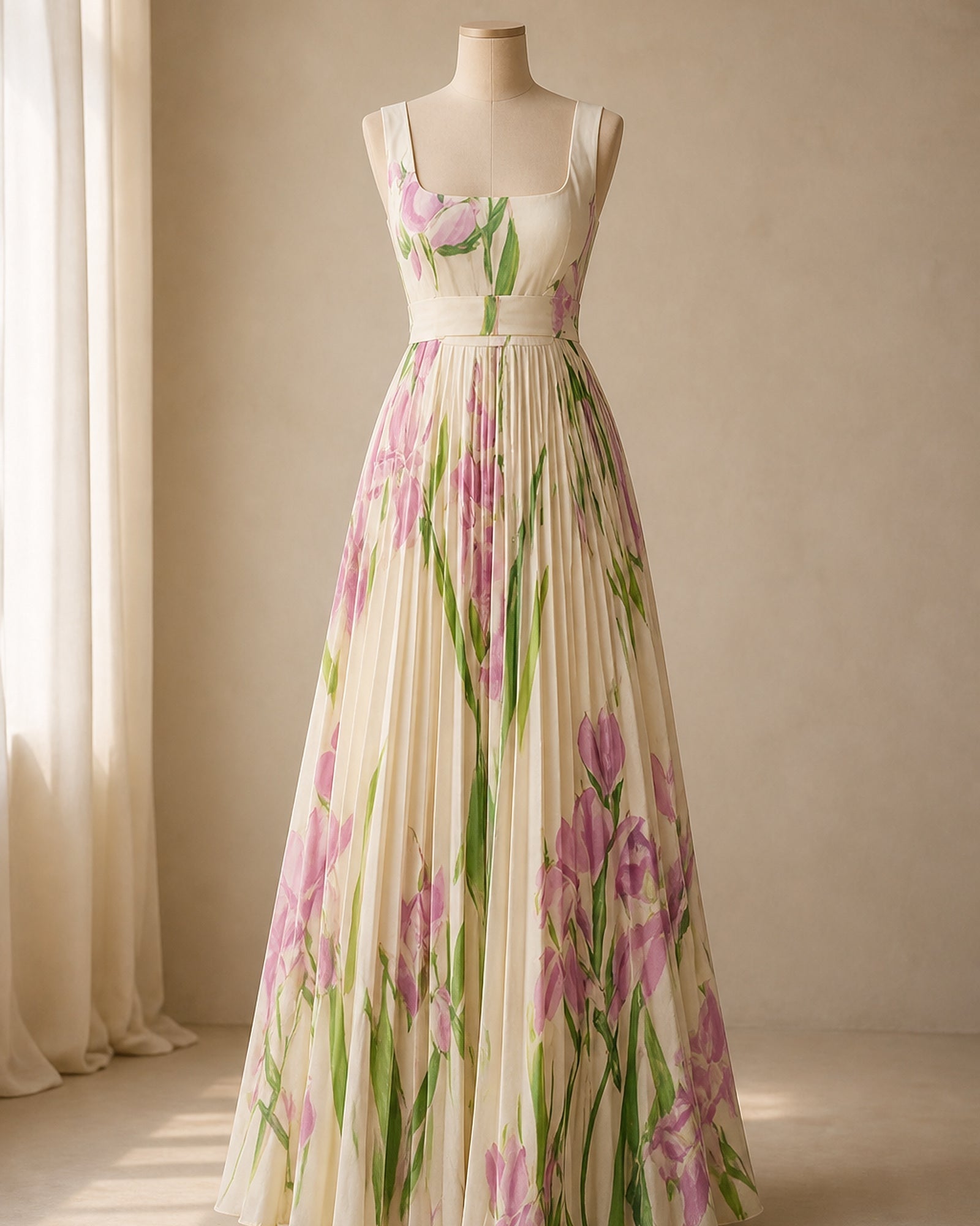 Luana - rochie maxi florală bej prezentată pe manechin