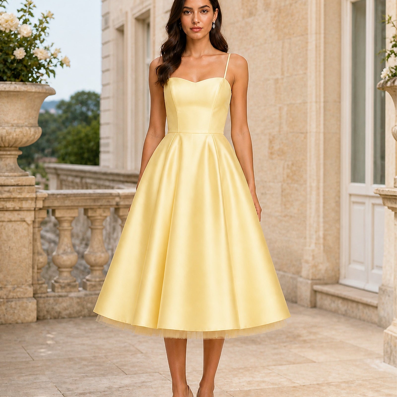 Luminița în rochie midi galbenă din satin și tul, vedere frontală în exterior
