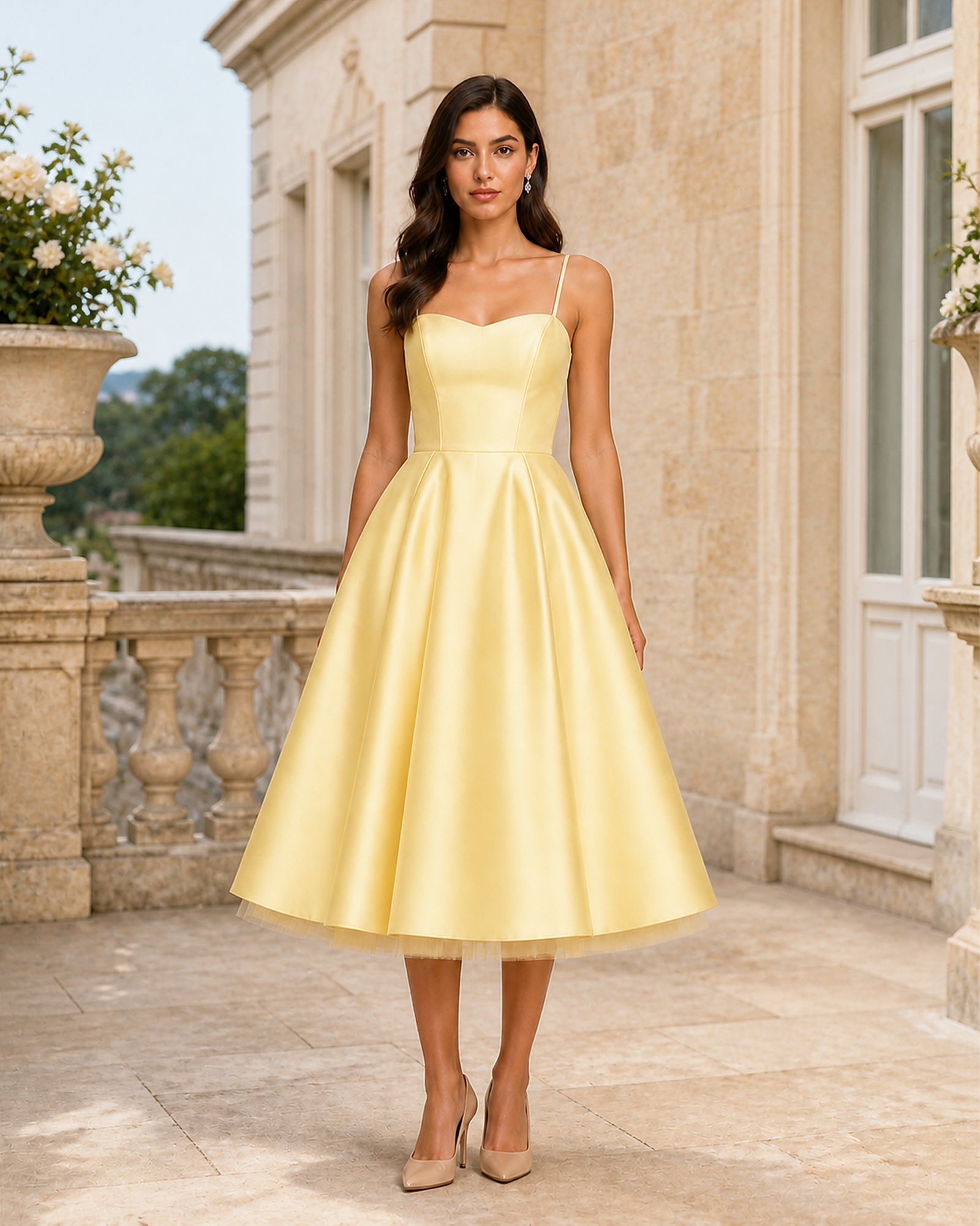 Luminița în rochie midi galbenă din satin și tul, vedere frontală în exterior