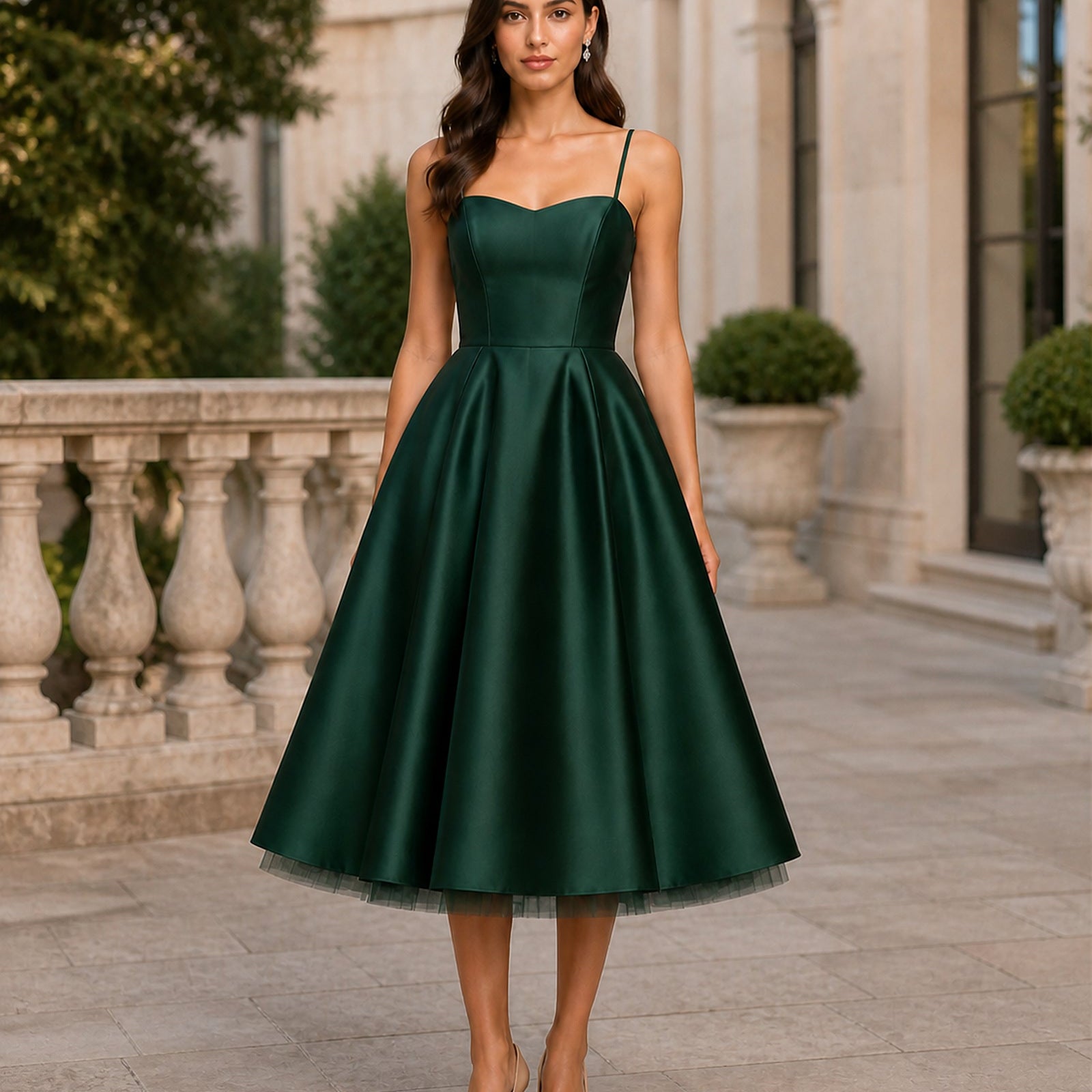 Luminița în rochie midi verde din satin și tul, vedere frontală în exterior