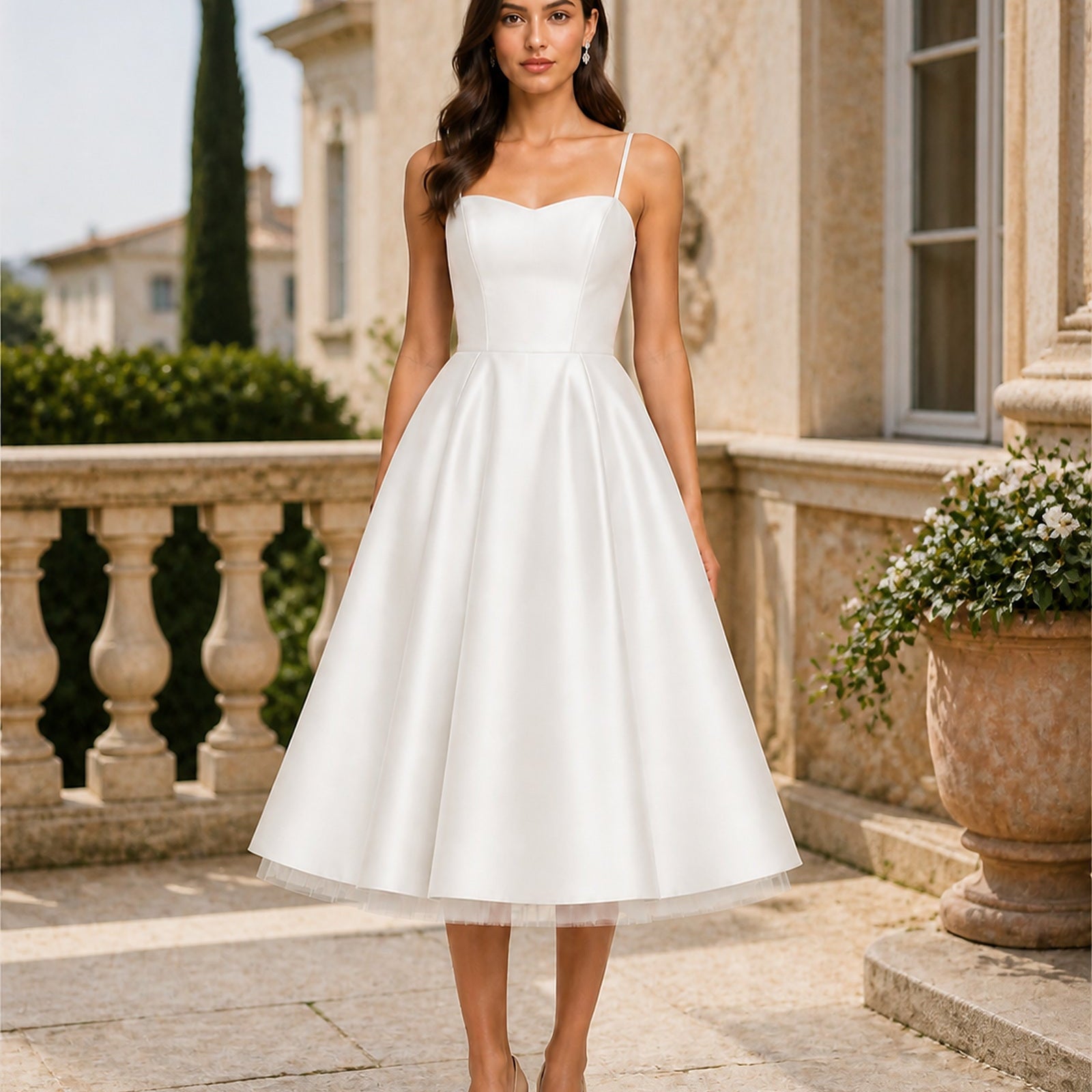 Luminița în rochie midi albă din satin și tul, vedere frontală în exterior