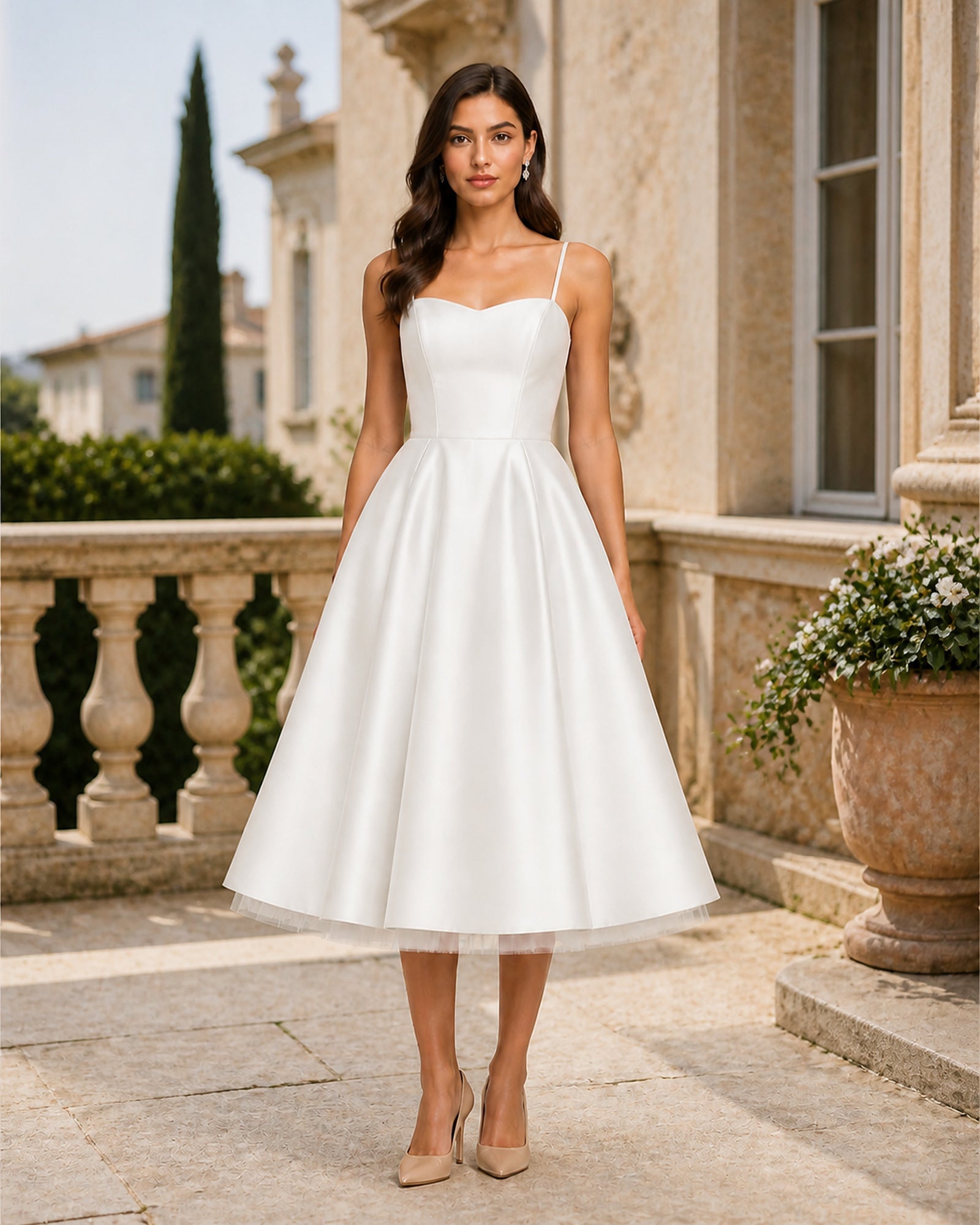 Luminița în rochie midi albă din satin și tul, vedere frontală în exterior