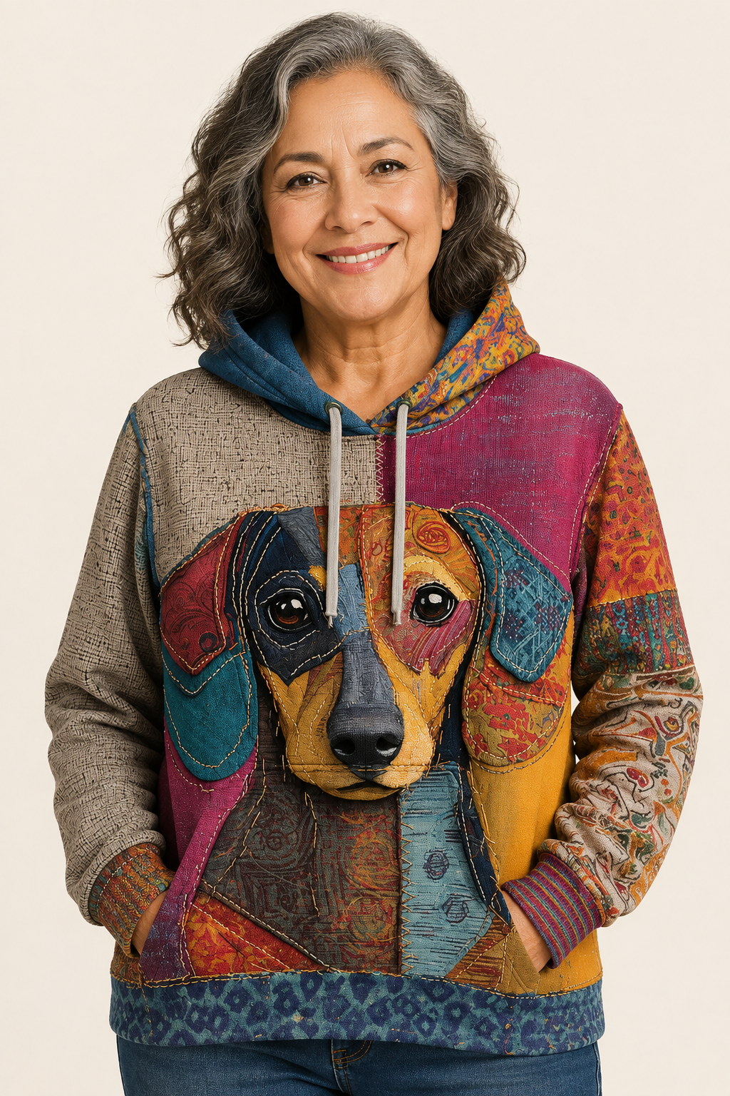 Luna Patchwork-Kapuzenpullover mit Welpenmotiv an reifer Frau auf warmem beigem Hintergrund