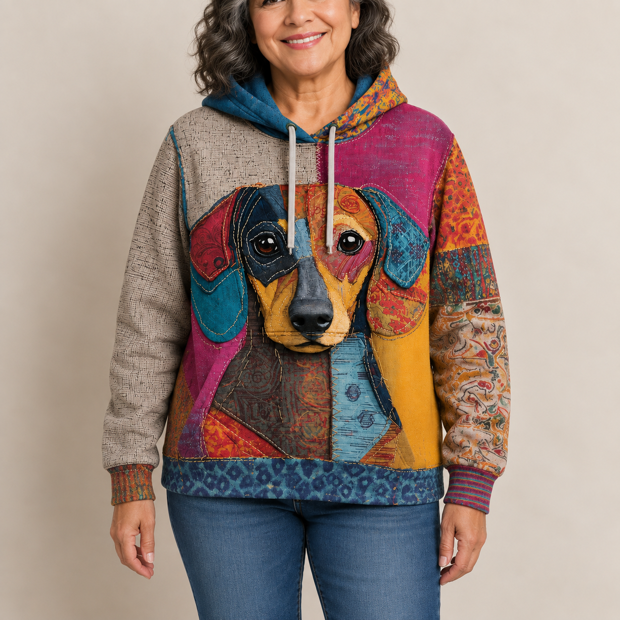 Luna – Patchwork-Kapuzenpullover mit Welpenprint, vollständige Nahansicht