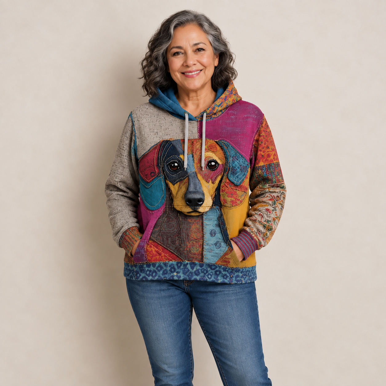 Luna – Patchwork-Kapuzenpullover an Model