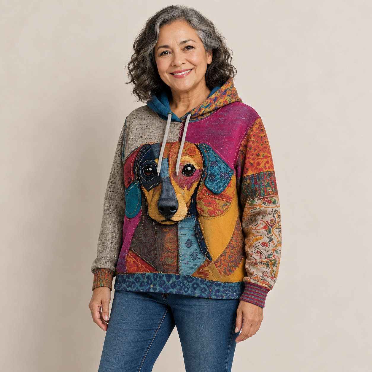 Luna – Patchwork-Kapuzenpullover, alternative Pose