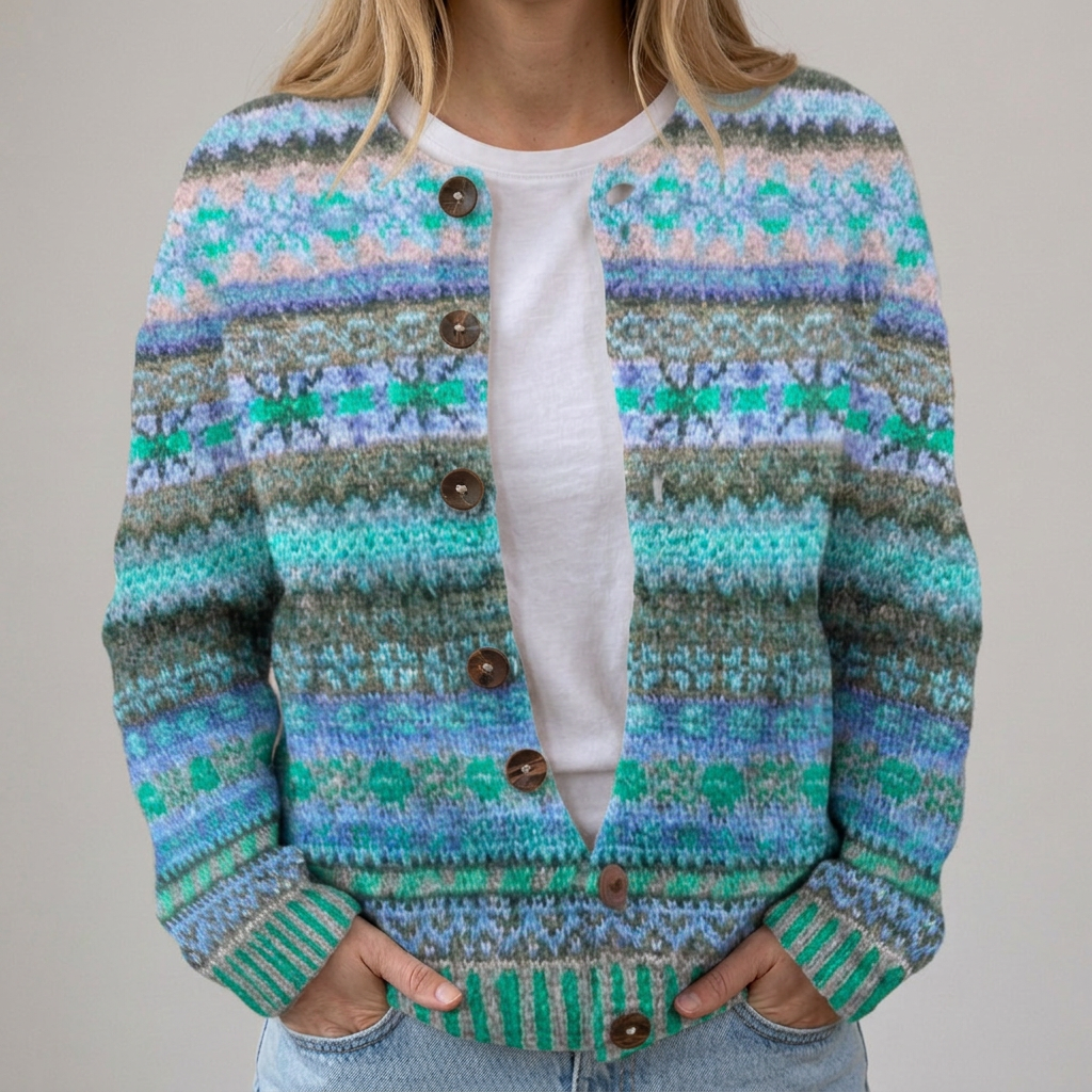 Mia – Blau-grüne Strickjacke mit Herbstmuster, Ansicht 1