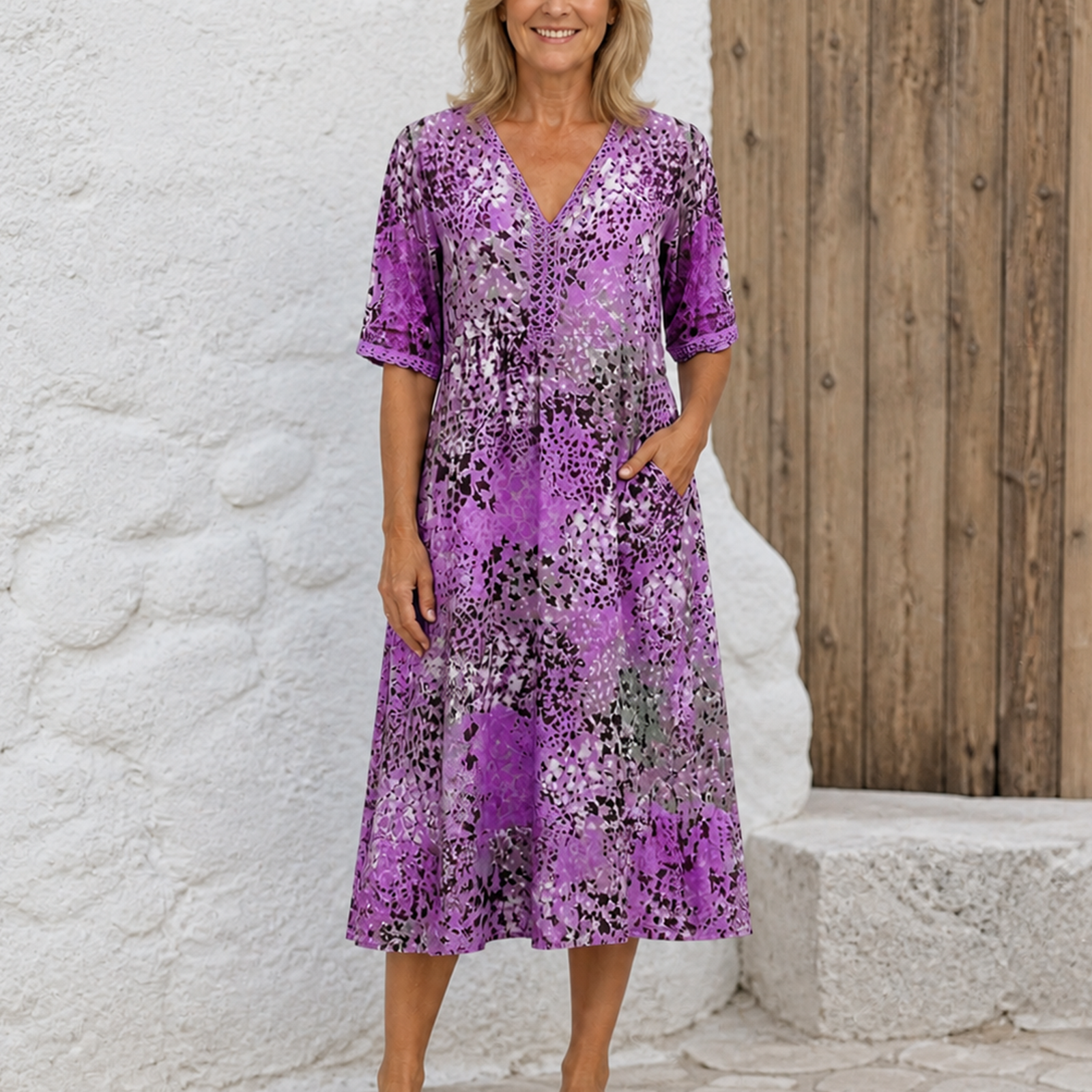 Rochie violet cu imprimeu, vedere frontală