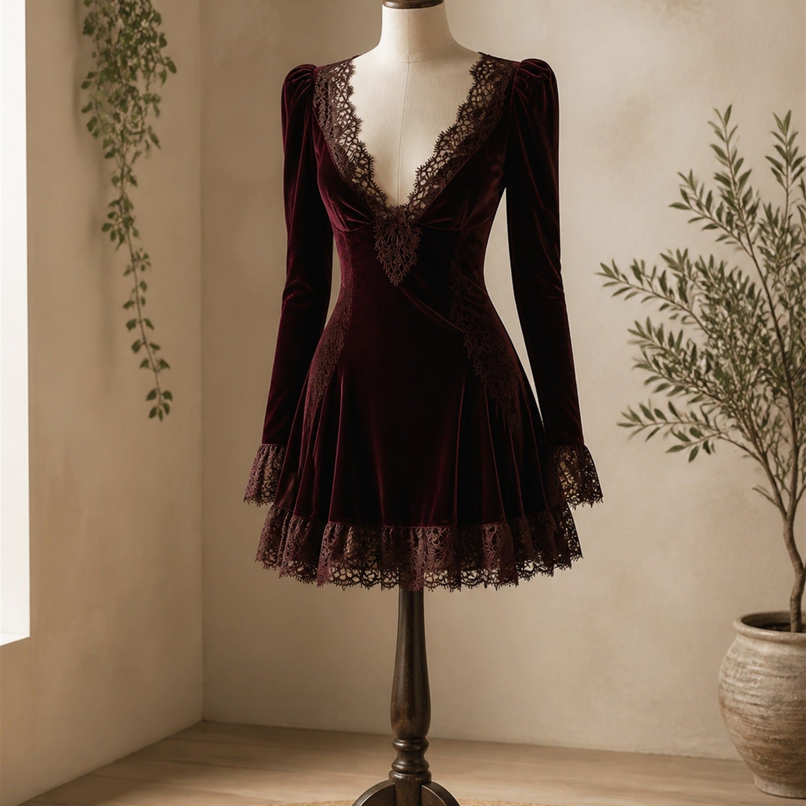 Marcela rochie burgundy din catifea cu dantelă - pe manechin