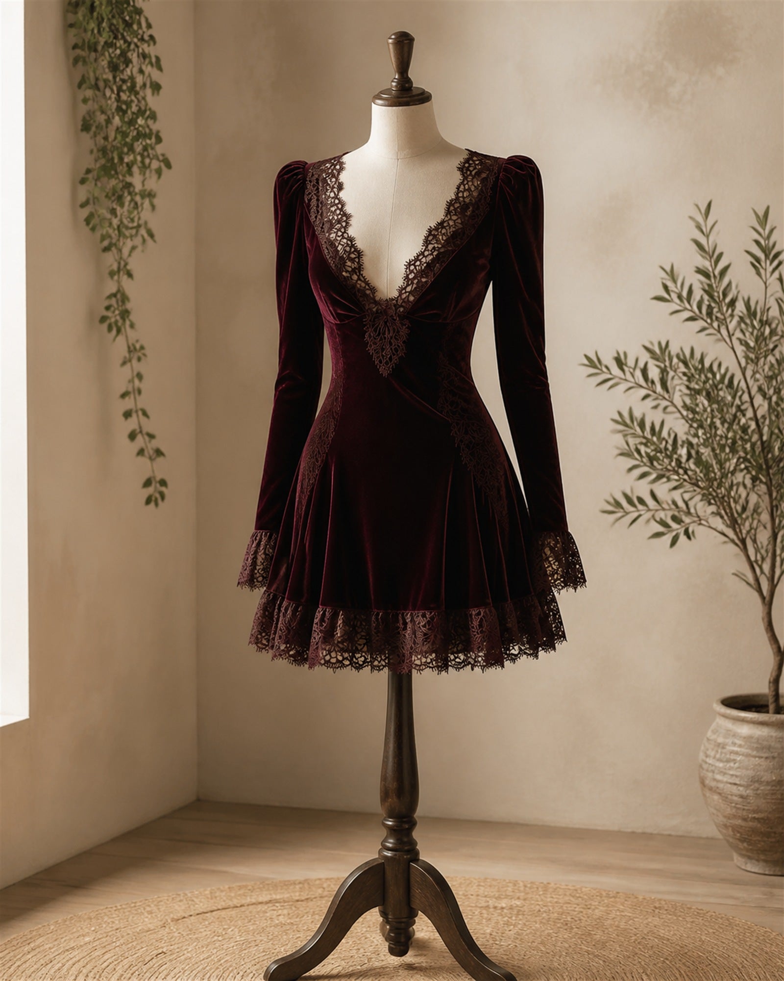 Marcela rochie burgundy din catifea cu dantelă - pe manechin