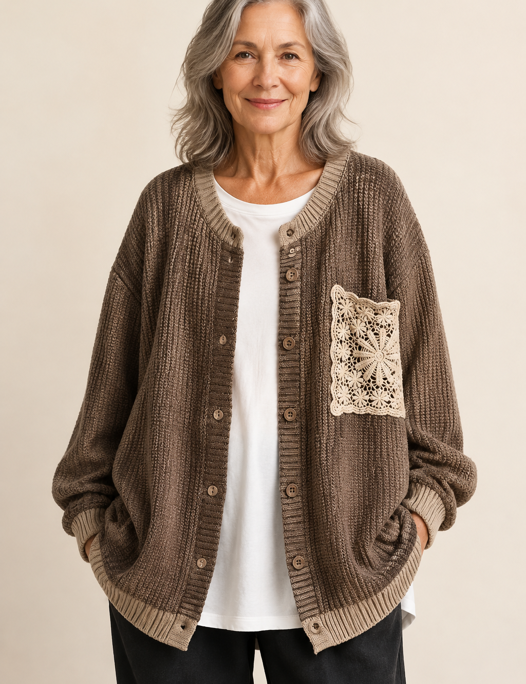 The Marcelline | Gestrickt BAG COAT – warmbeiger Studiohintergrund