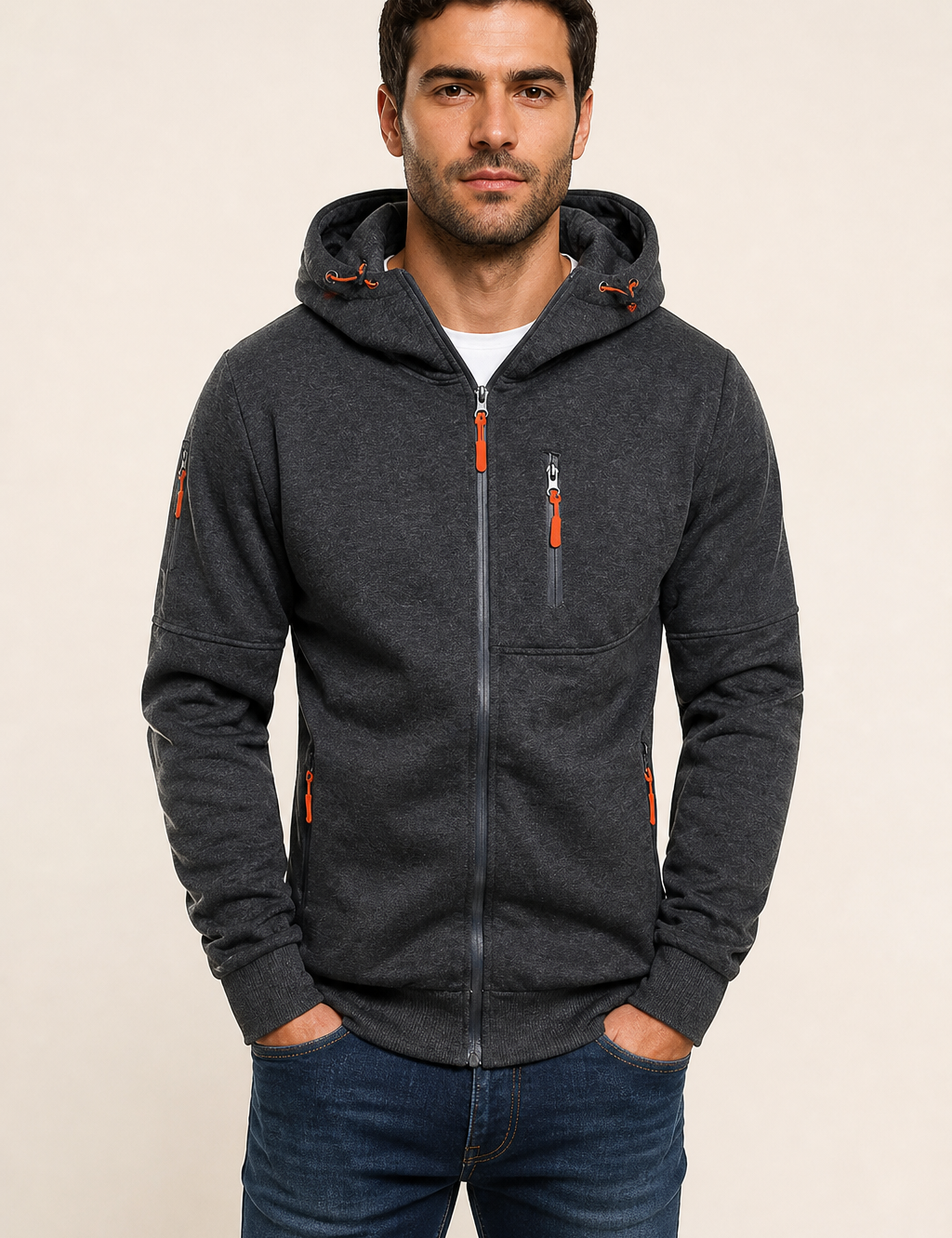 Marco anthrazitfarbene Kapuzenjacke mit orangefarbenen Details an Mann auf warmem beigem Hintergrund