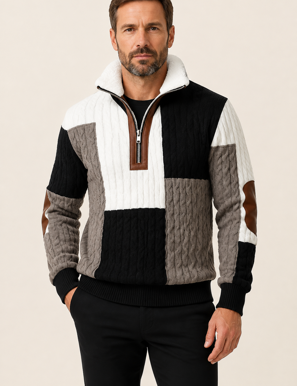 Marcus Patchwork-Zip-Up mit Lammfellkragen an Mann auf warmem beigem Hintergrund
