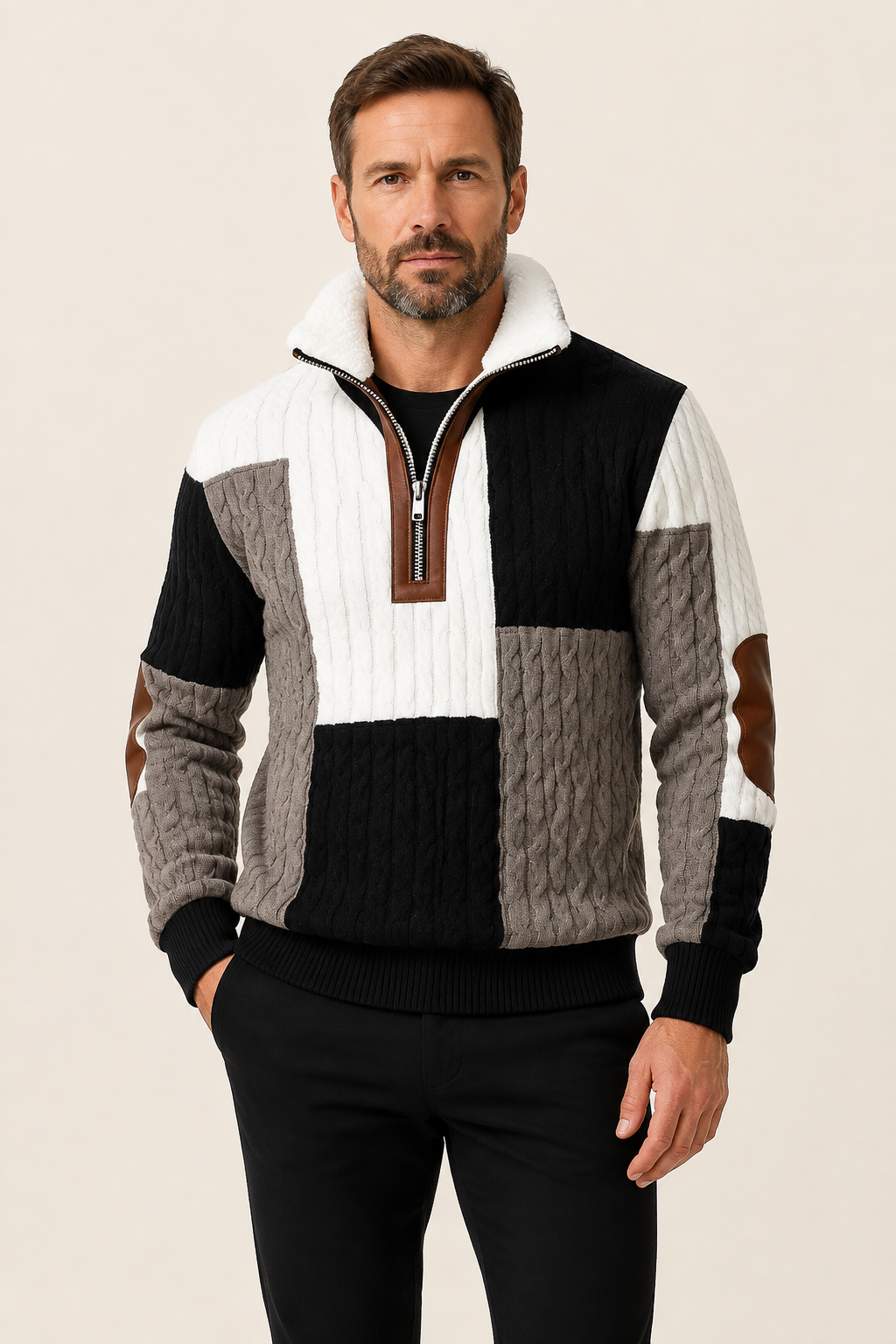 Marcus Patchwork-Zip-Up mit Lammfellkragen an Mann auf warmem beigem Hintergrund