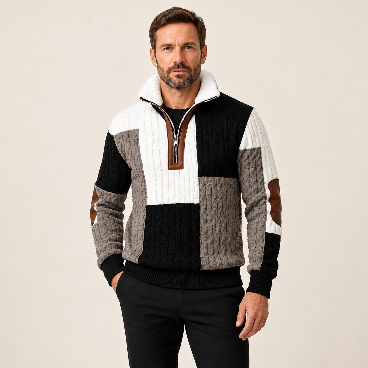 Marcus Herren-Pullover mit kurzem Reißverschluss, Patchwork-Strick und Shearling-Kragen am Model