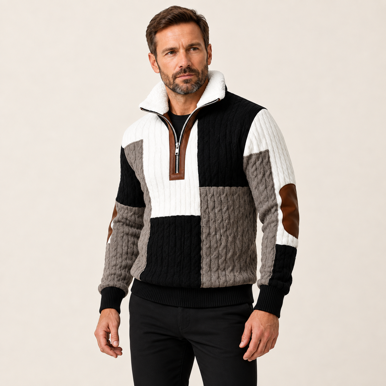 Marcus Herren-Pullover mit kurzem Reißverschluss und Patchwork-Strick am Model in Dreiviertelansicht