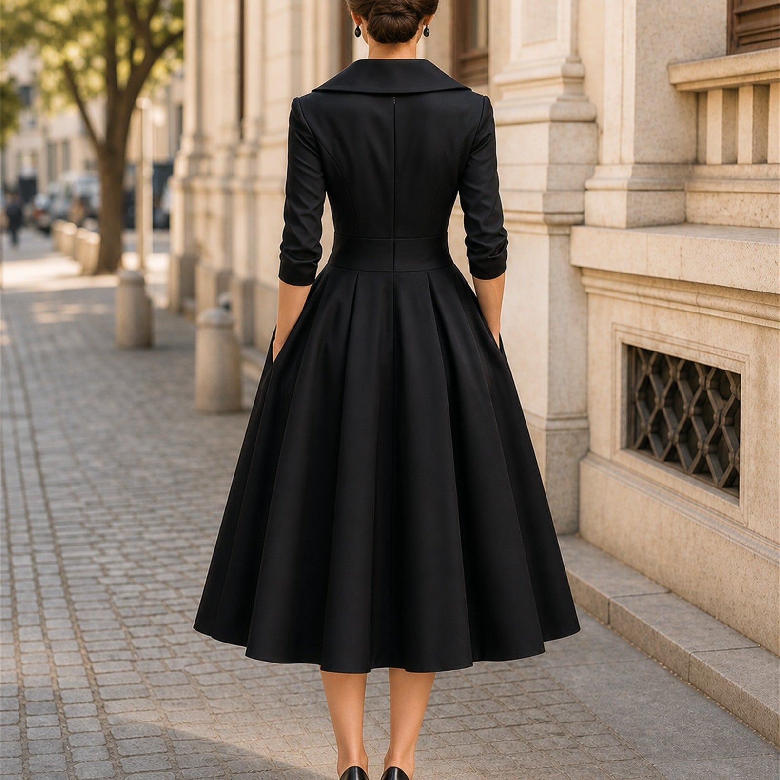Maria-Larisa în rochie Negru, vedere din spate