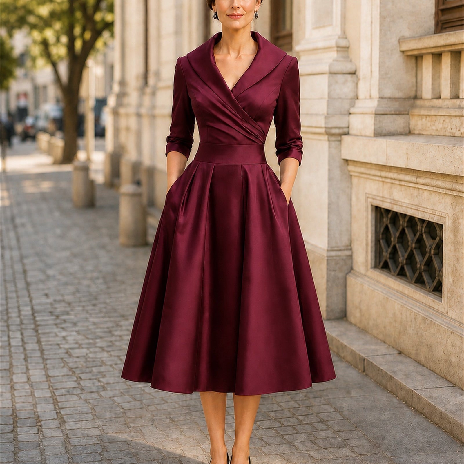 Maria-Larisa în rochie Bordo, vedere frontală în exterior