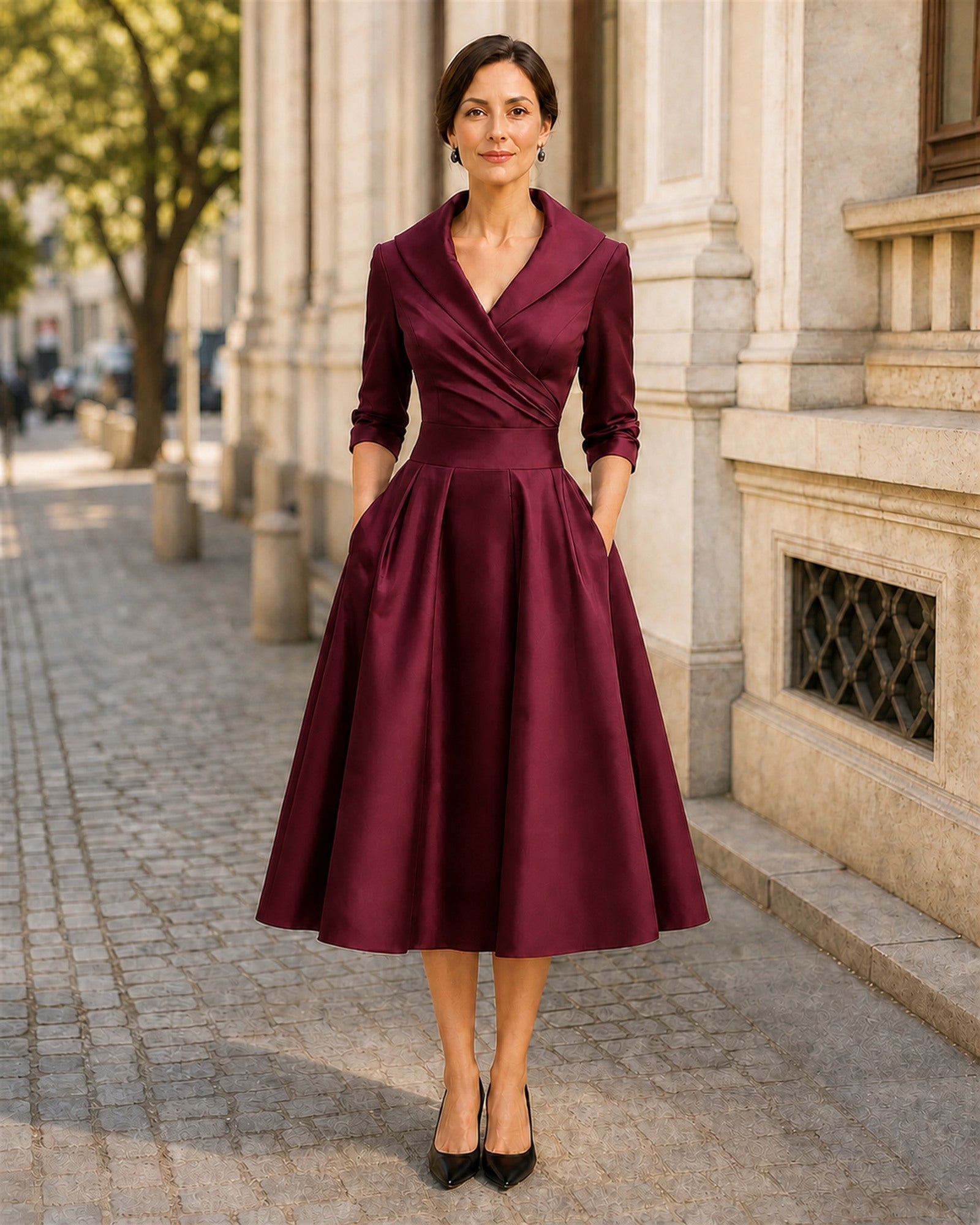 Maria-Larisa în rochie Bordo, vedere frontală în exterior