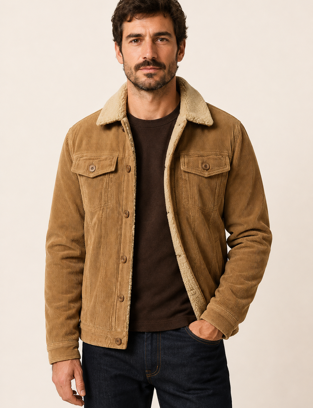 Marin gefütterte camelbraune Cordjacke an Mann auf warmem beigem Hintergrund