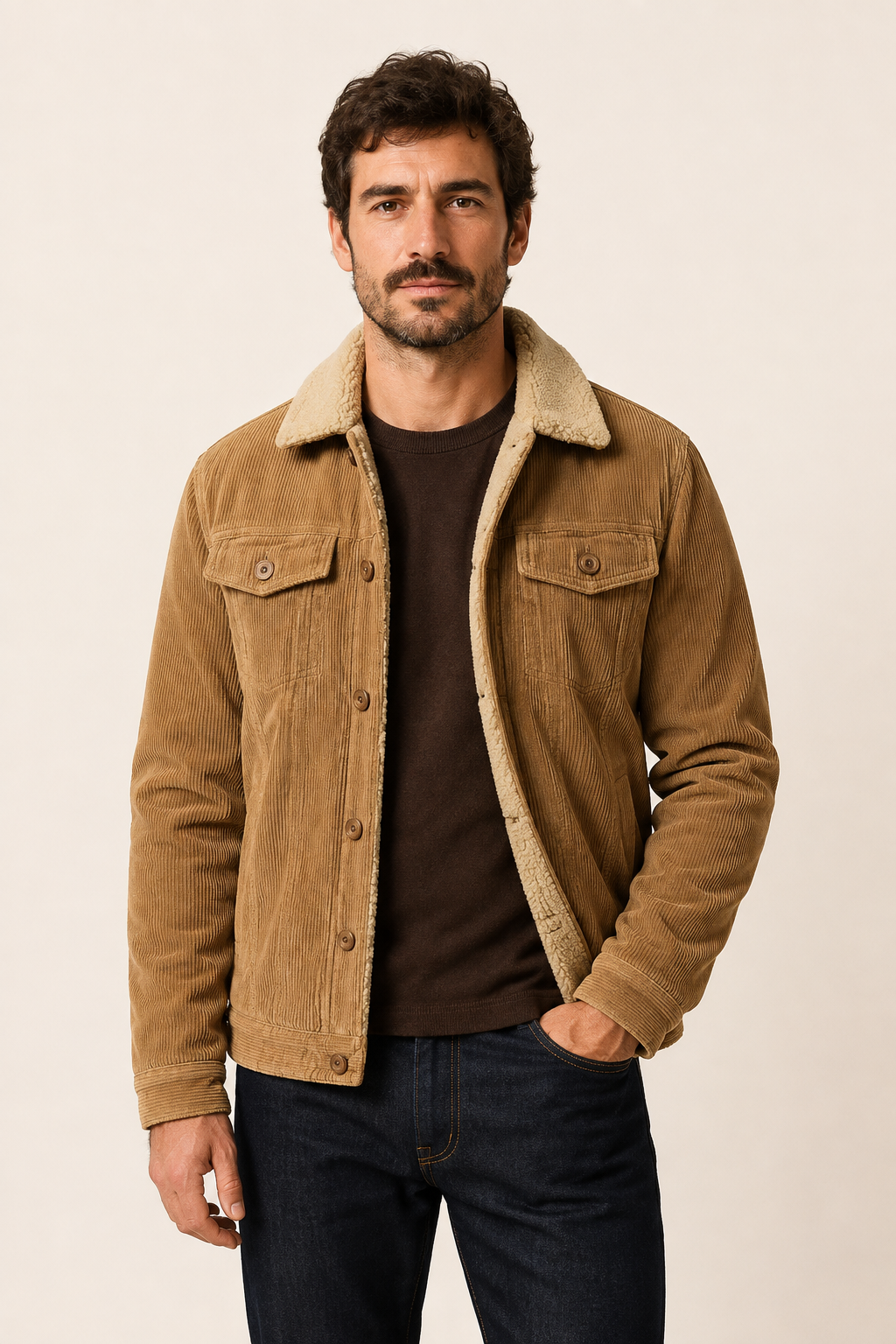 Marin gefütterte camelbraune Cordjacke an Mann auf warmem beigem Hintergrund