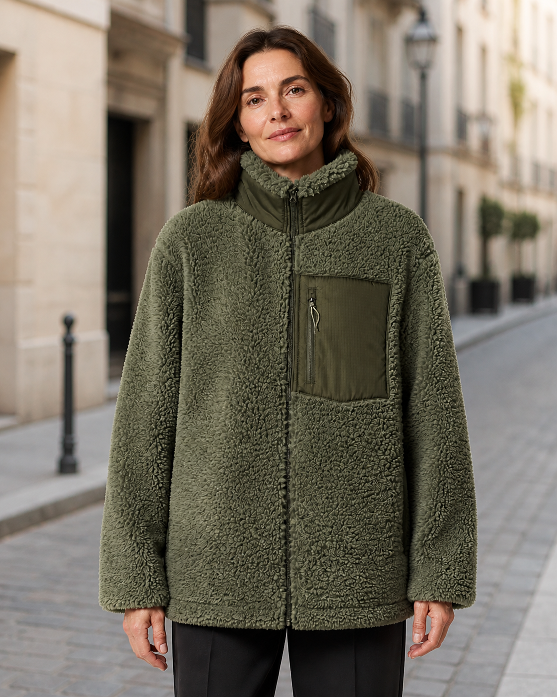 Marina în jachetă fleece verde, vedere frontală în exterior