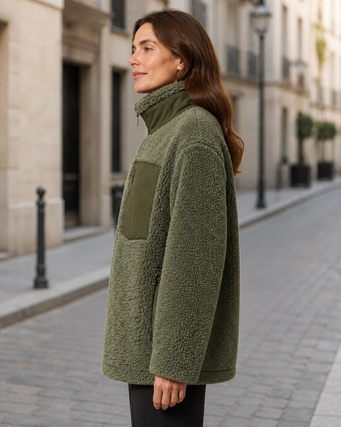 Marina în jachetă fleece verde, vedere din profil în exterior