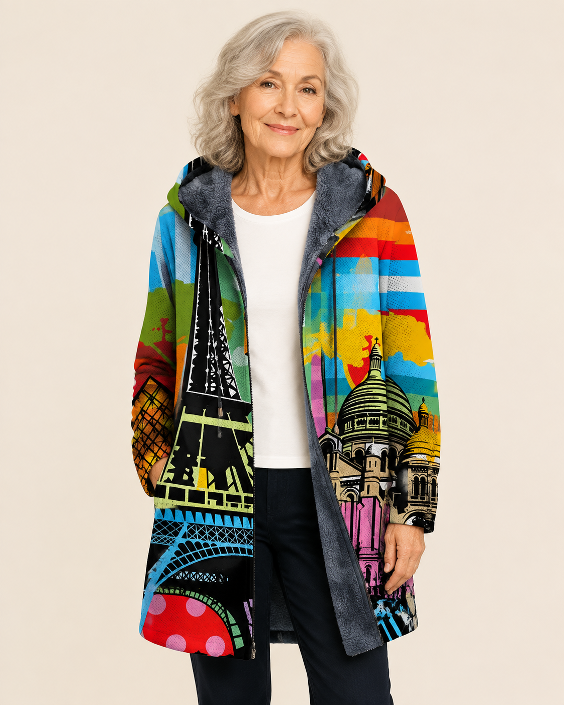Marlee | Luxurious Cardigan mit künstlerisch Inspiration – warmbeiger Studiohintergrund