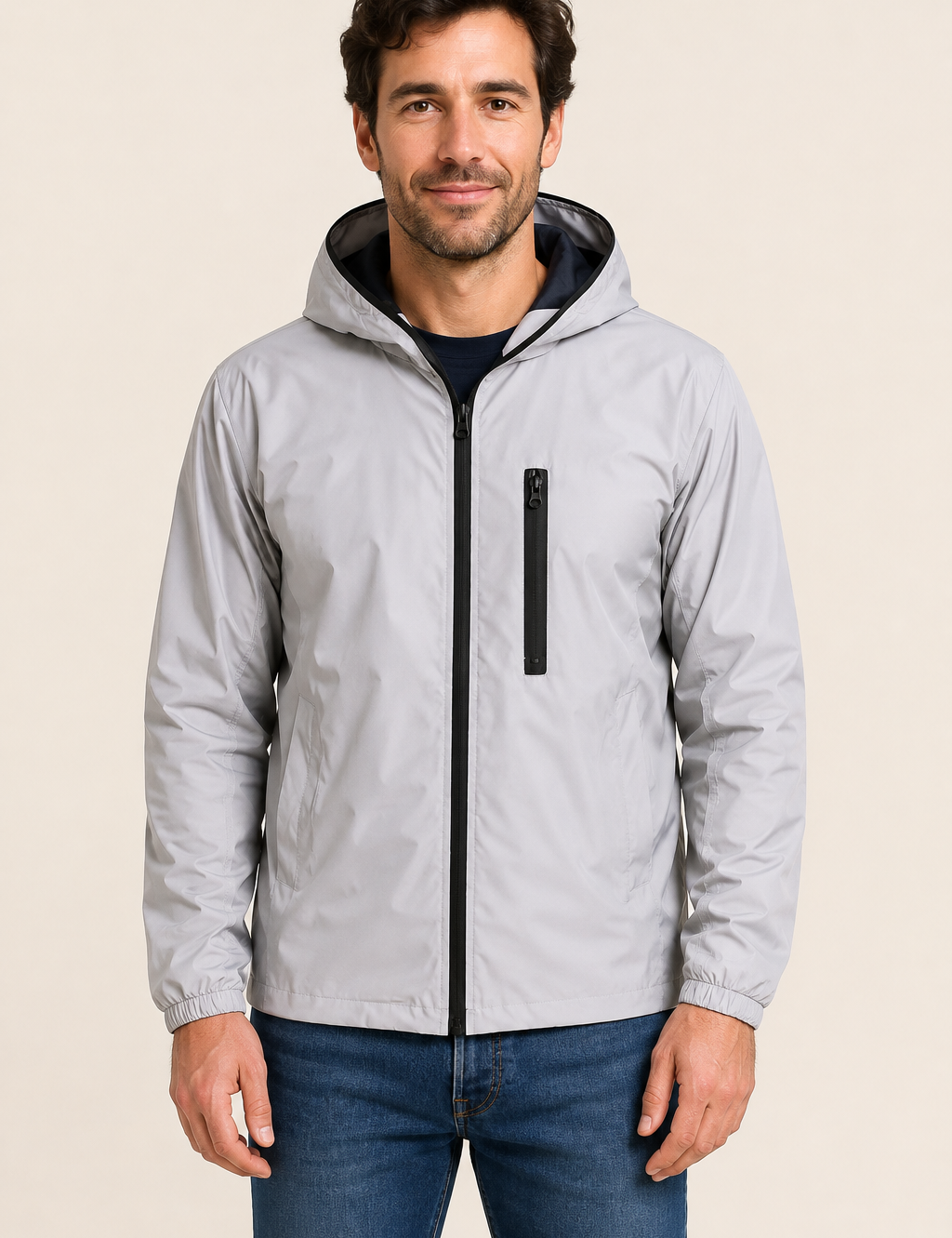 Max silbergraue reflektierende Jacke an Mann auf warmem beigem Hintergrund