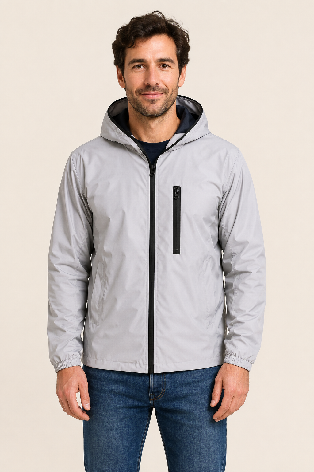 Max silbergraue reflektierende Jacke an Mann auf warmem beigem Hintergrund