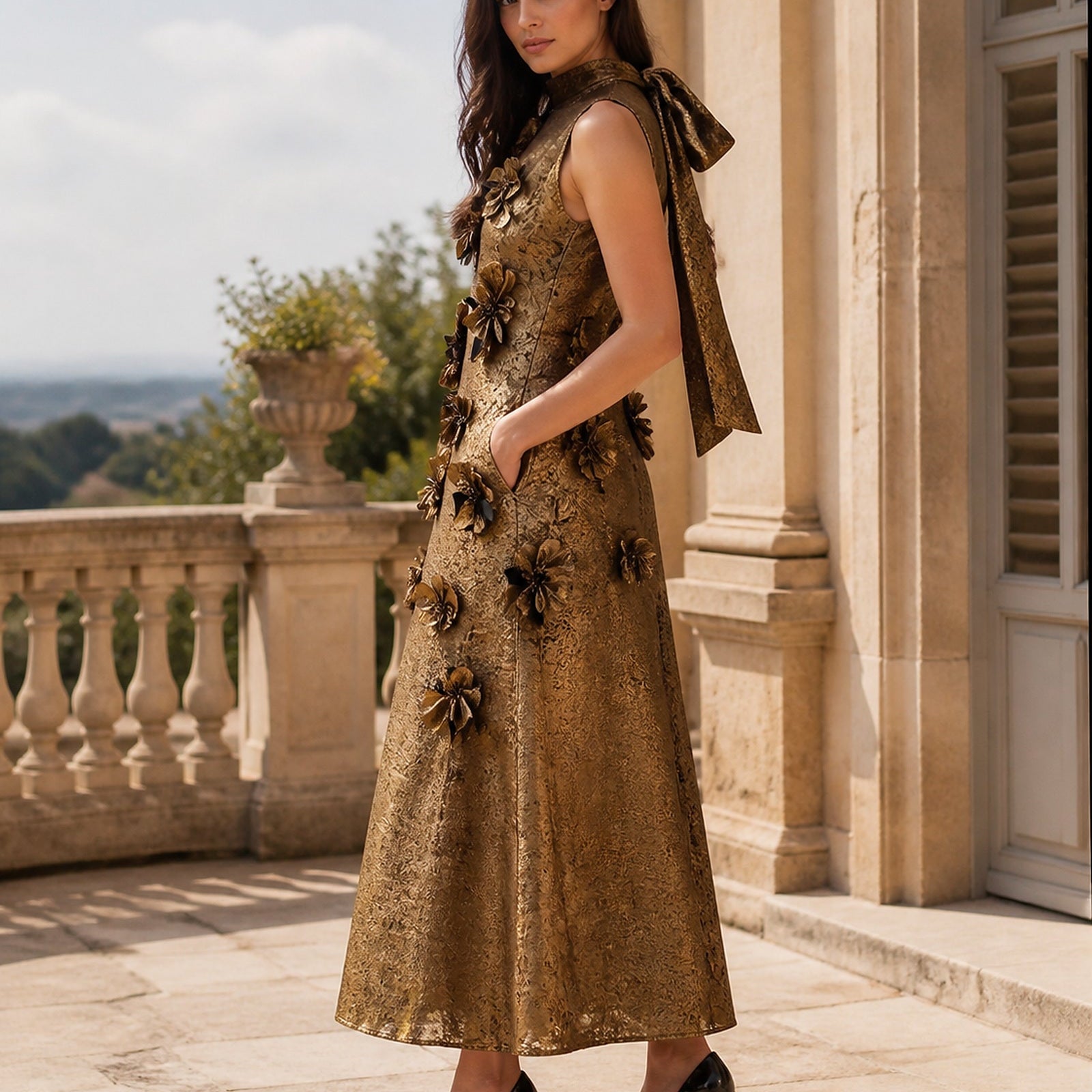 Melania în rochie maxi aurie cu aplicații florale, vedere laterală în exterior