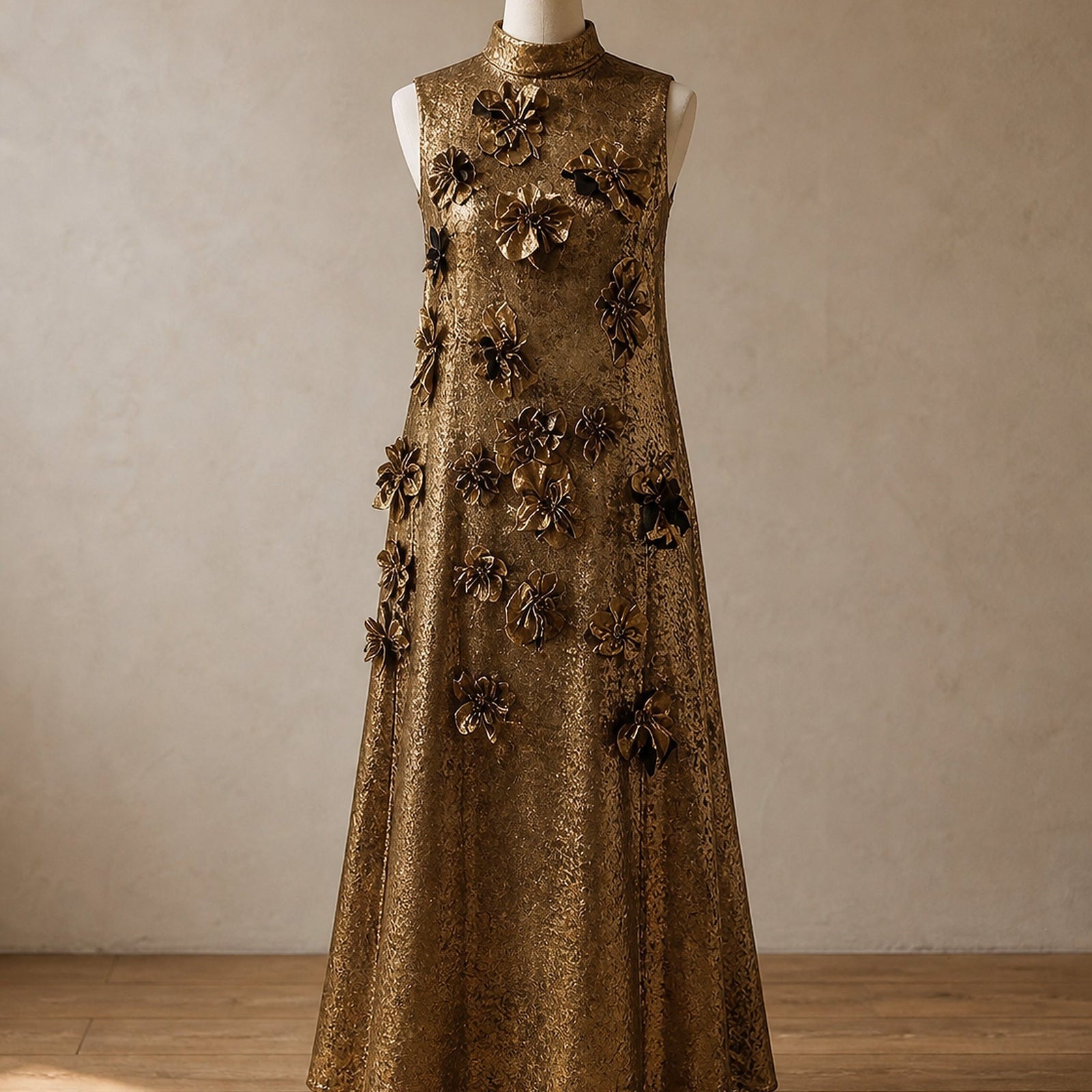Rochie maxi aurie Melania prezentată complet pe manechin