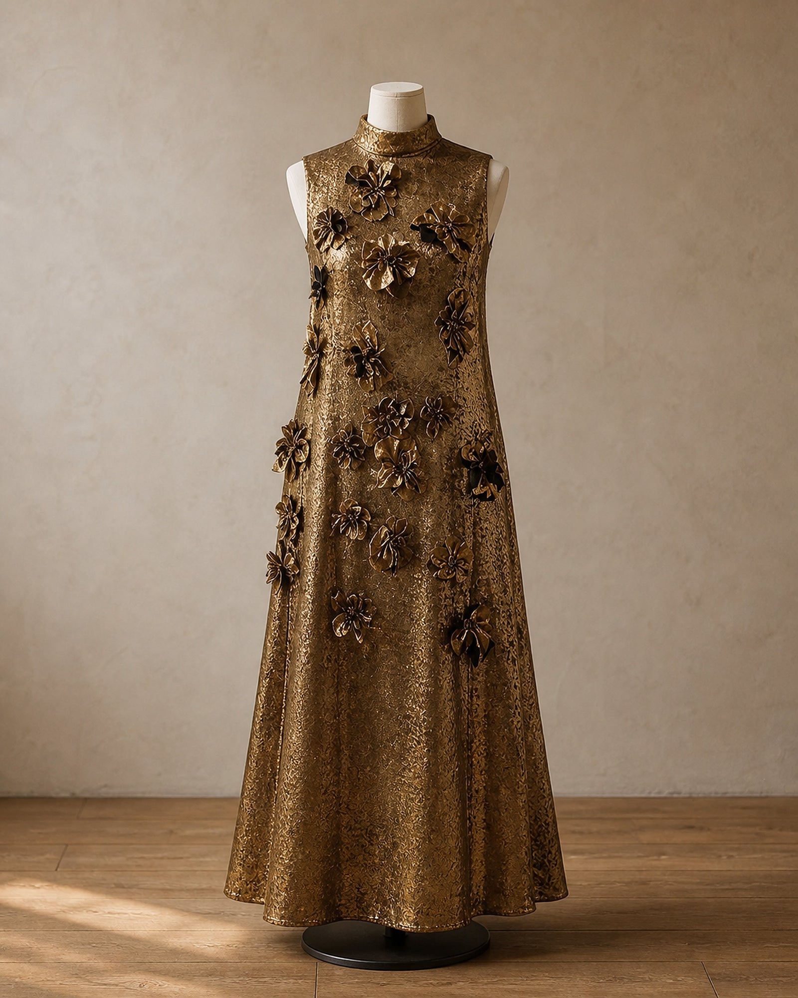 Rochie maxi aurie Melania prezentată complet pe manechin