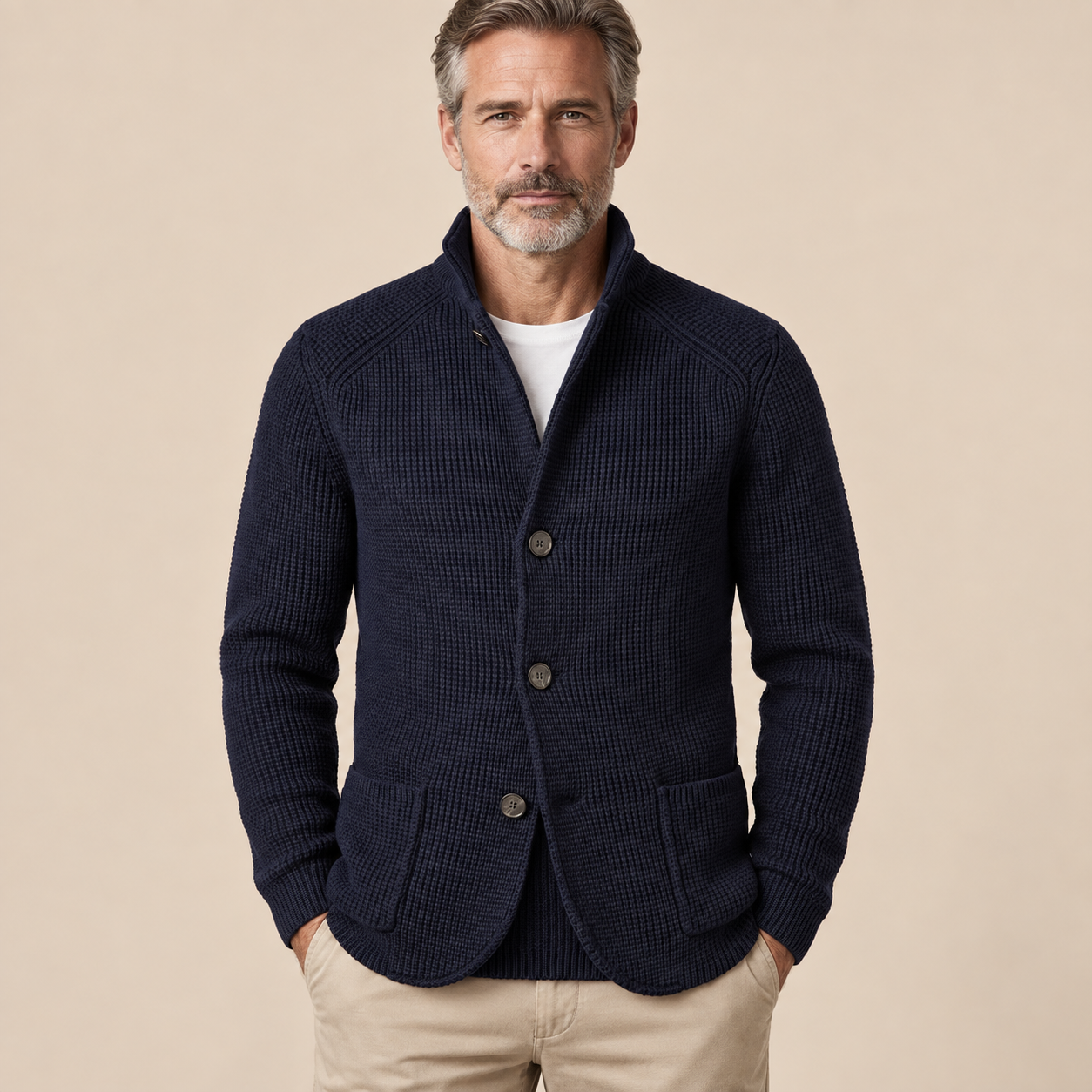 Michele Herren-Strickjacke in Marineblau, frontale Ansicht mit Strukturstrick und Knöpfen