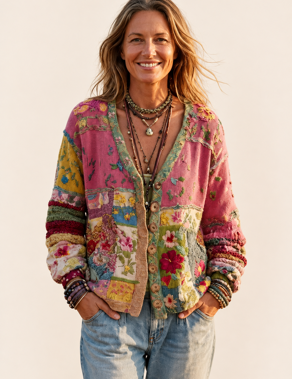 Milla mehrfarbiger Boho-Cardigan auf warmem beigem Hintergrund
