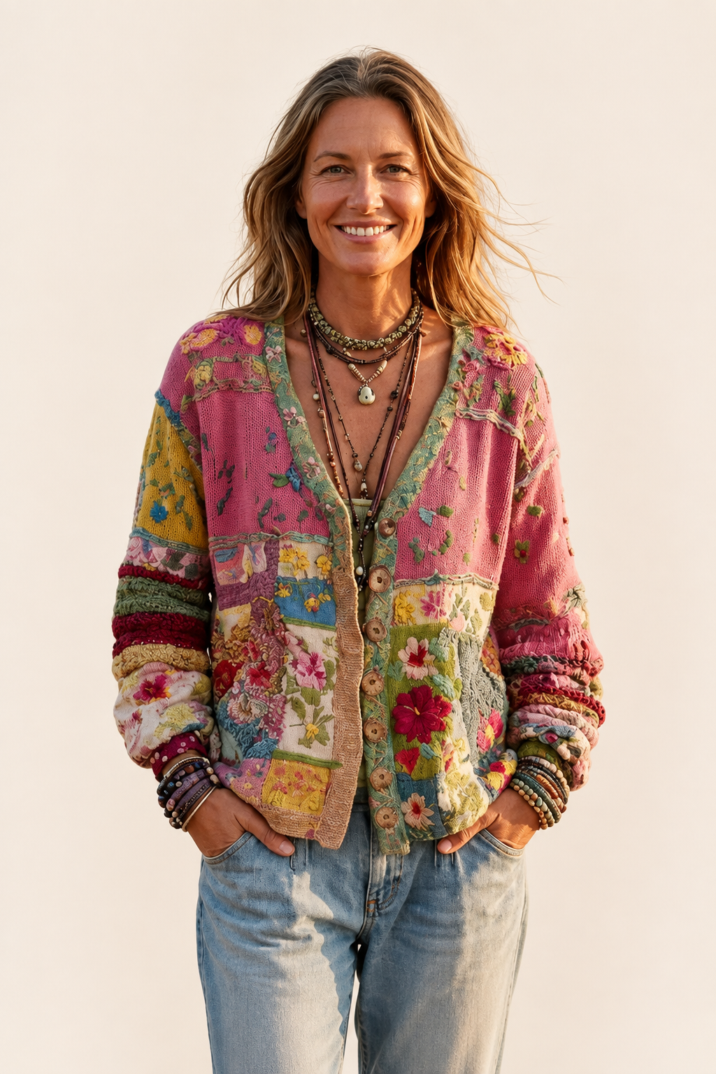 Milla mehrfarbiger Boho-Cardigan auf warmem beigem Hintergrund