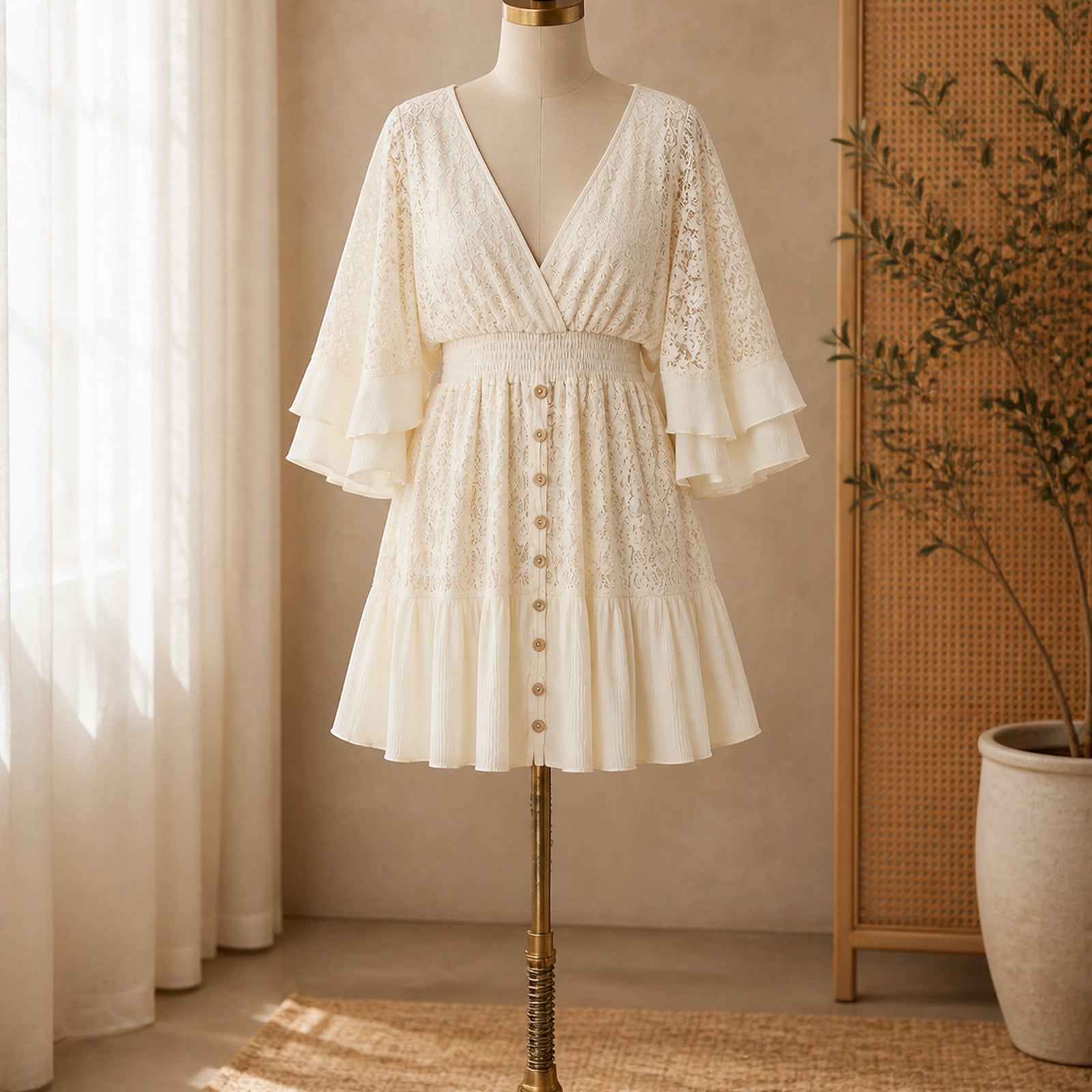 Mira rochie mini retro din dantela ivoire - prezentare pe manechin