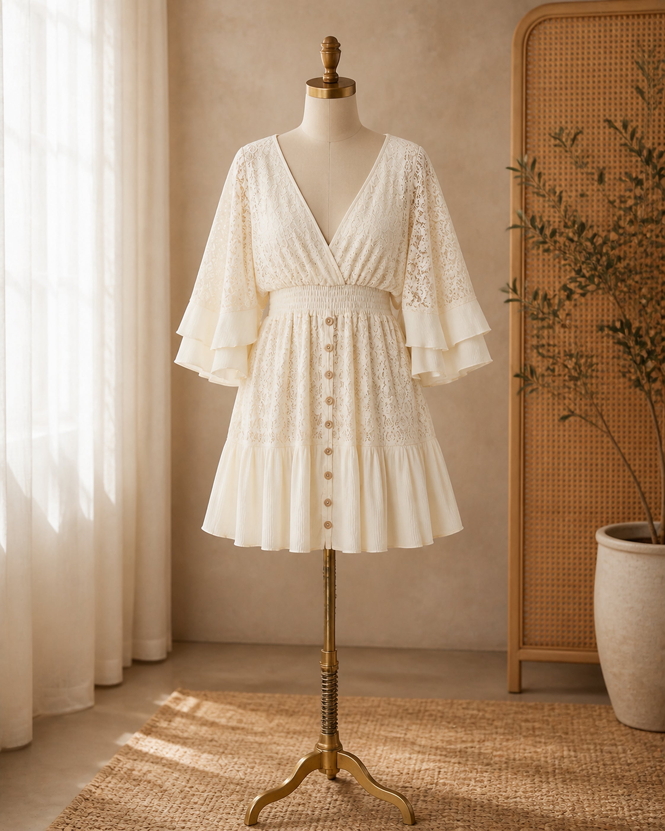 Mira rochie mini retro din dantela ivoire - prezentare pe manechin