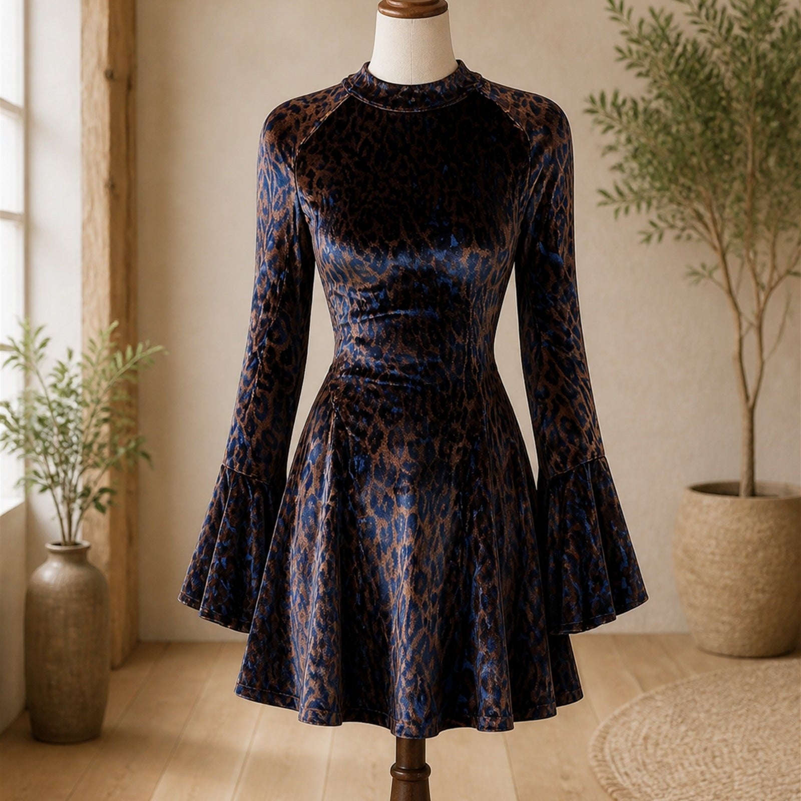 Miruna rochie albastră din catifea cu imprimeu - pe manechin