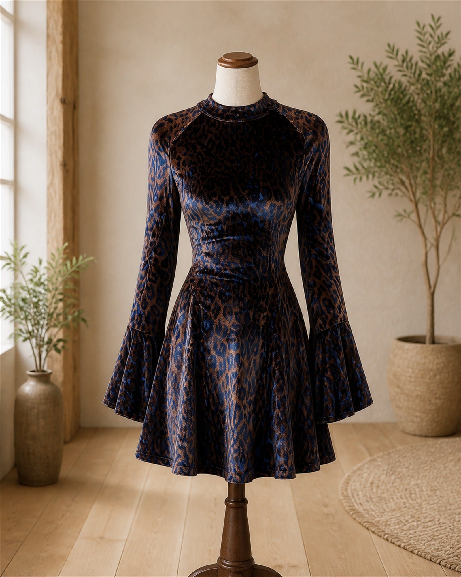 Miruna rochie albastră din catifea cu imprimeu - pe manechin
