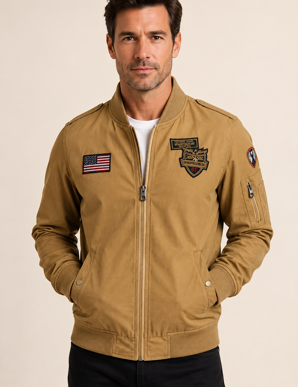 Senffarbene Bomberjacke mit Patches an Mann auf warmem beigem Hintergrund