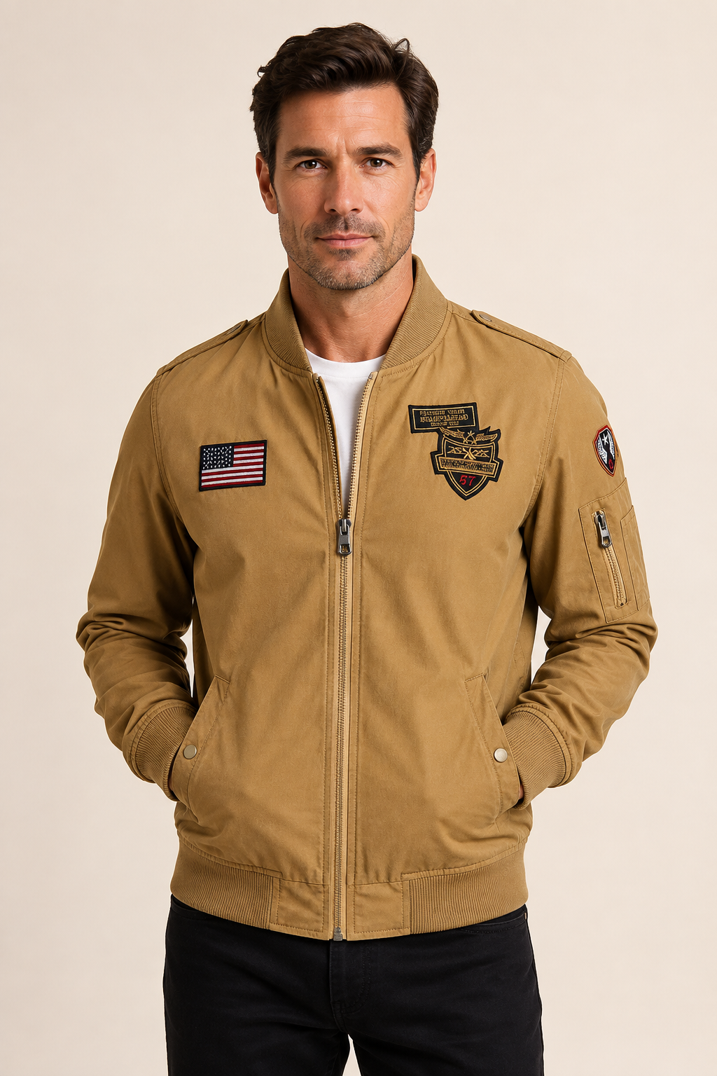 Senffarbene Bomberjacke mit Patches an Mann auf warmem beigem Hintergrund