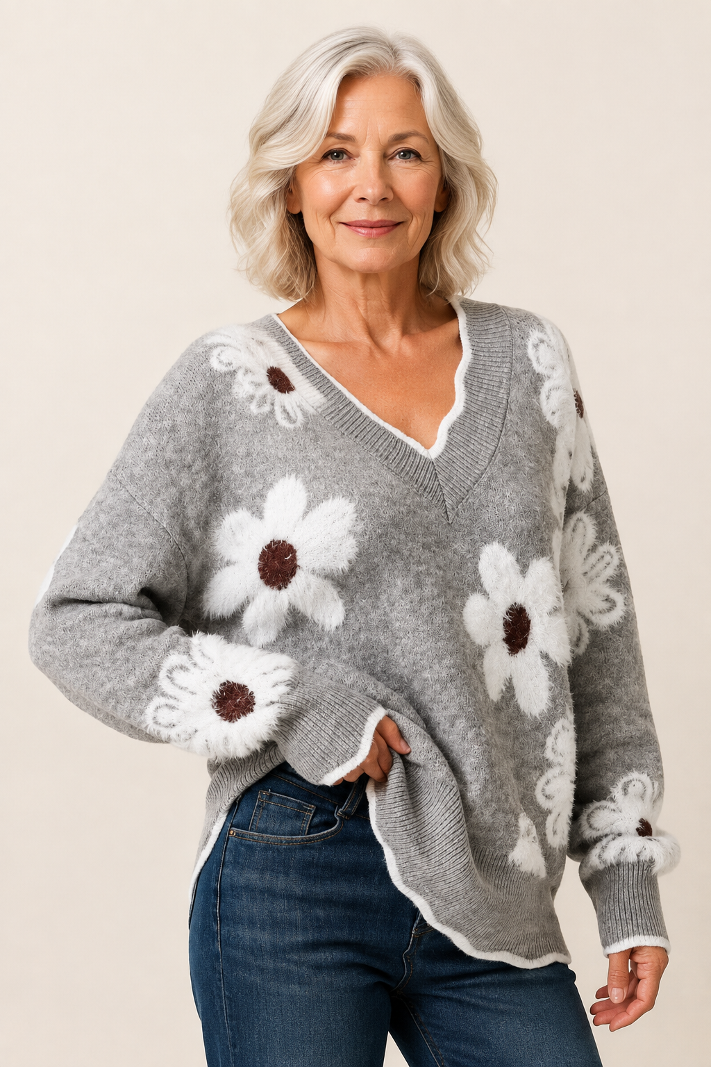 Nadia grauer Blumenpullover mit V-Ausschnitt an reifer Frau auf warmem beigem Hintergrund
