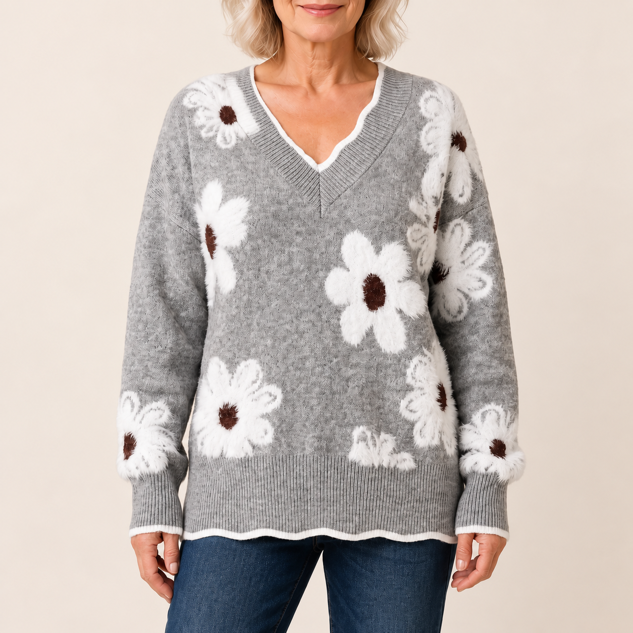 Nadia – Grauer Floralpullover – Produktansicht