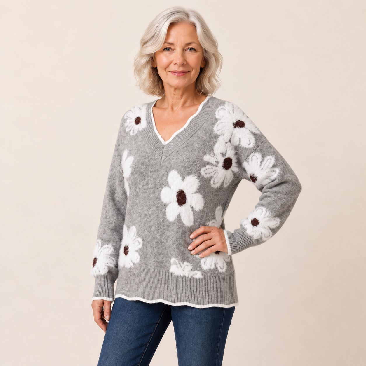 Nadia – Grauer Floralpullover – Weitere Pose