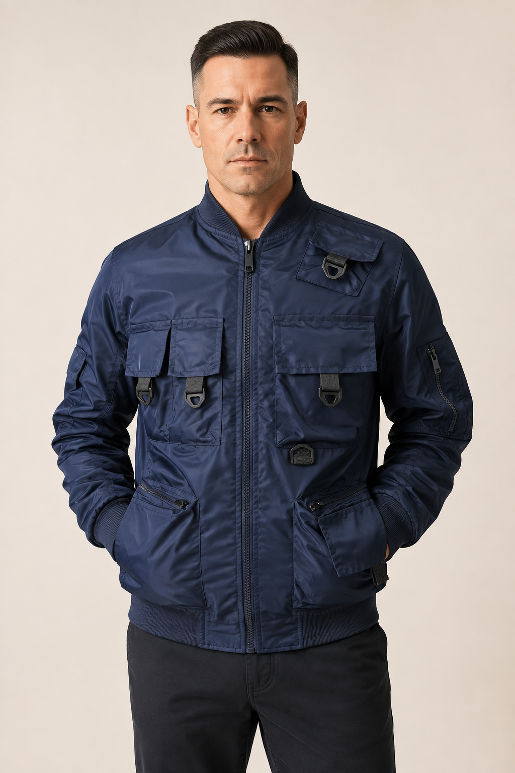Marineblaue Bomberjacke mit Utility-Taschen an Mann auf beigem Hintergrund