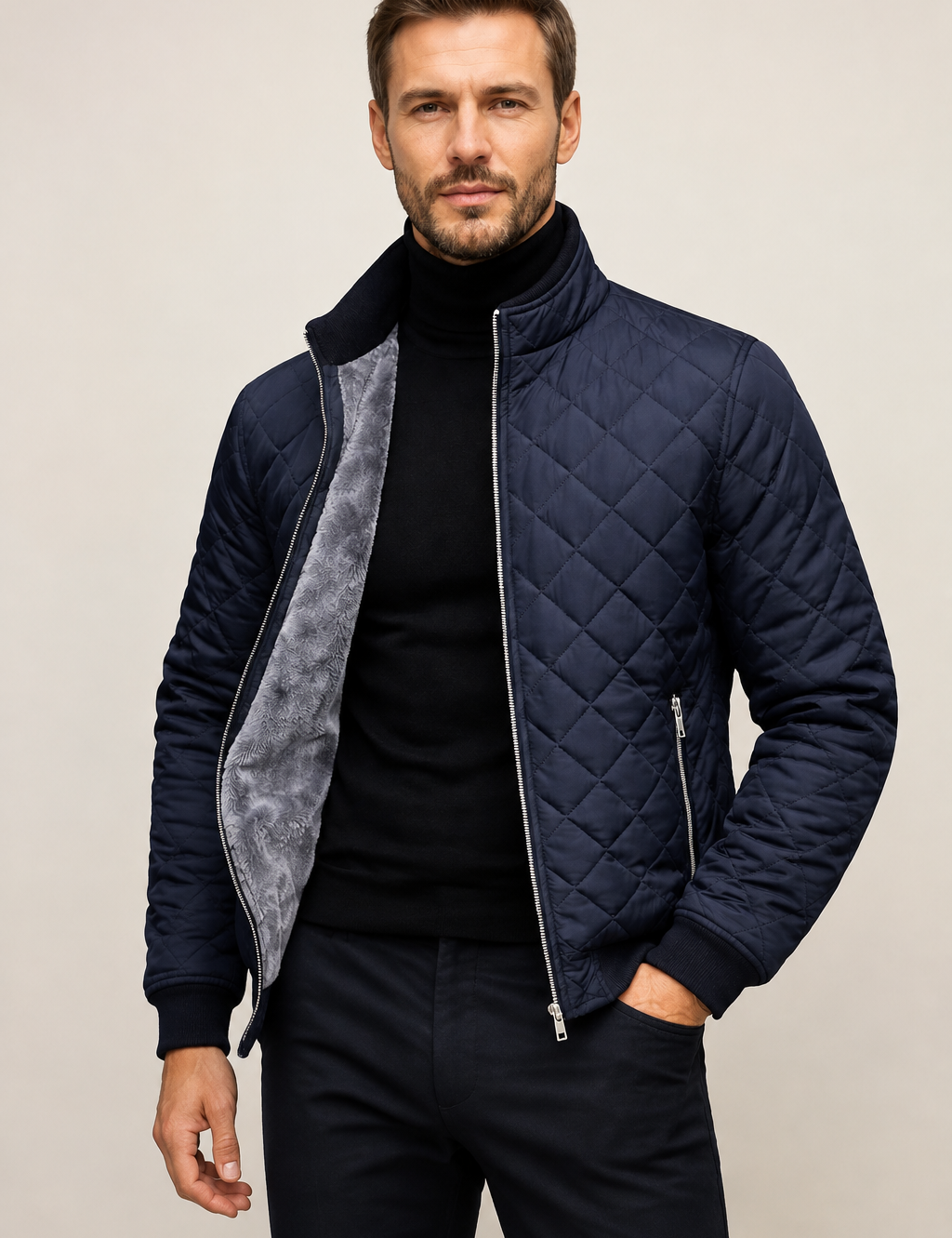 Marineblaue Steppjacke an Mann auf beigem Hintergrund